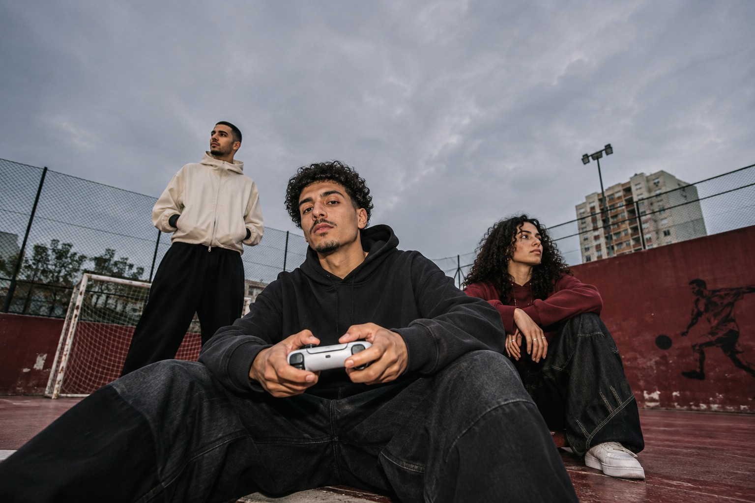 Immagine di campagna: tre amici su un campo urbano con un controller